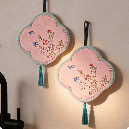 Asciugamano in pile di corallo con motivo uccelli e fiori - Rosa chiaro - 9'' × 9'' - 2 pezzi - image 0