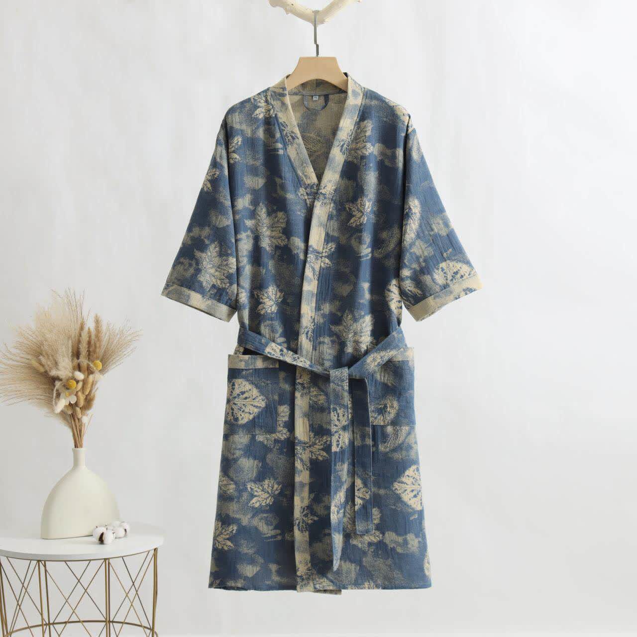 Kimono accappatoio in garza di cotone con motivo a foglia d'acero - Blu - XL - image 0