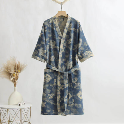 Kimono accappatoio in garza di cotone con motivo a foglia d'acero - Blu - XL - image 0