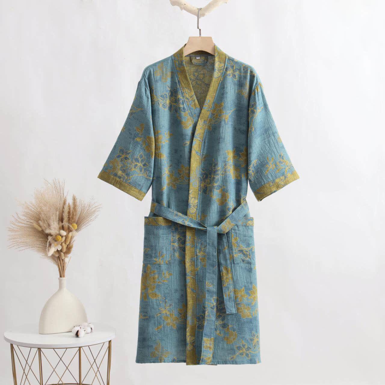 Kimono accappatoio in garza di cotone a fantasia floreale blu - Blu Verde - XL - image 0