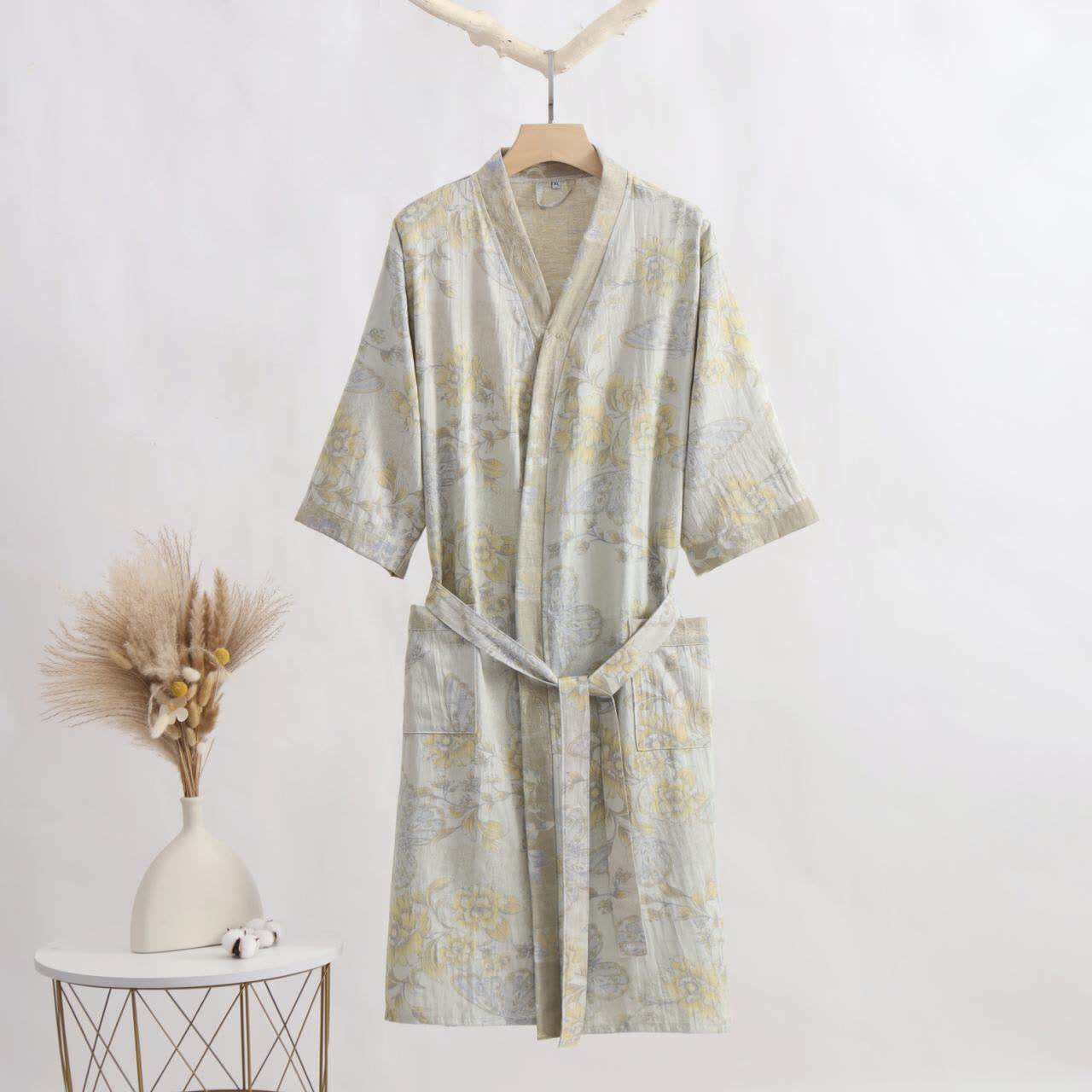 Kimono accappatoio in garza di cotone con stampa floreale a farfalle. - Grigio Verde - XL - image 0