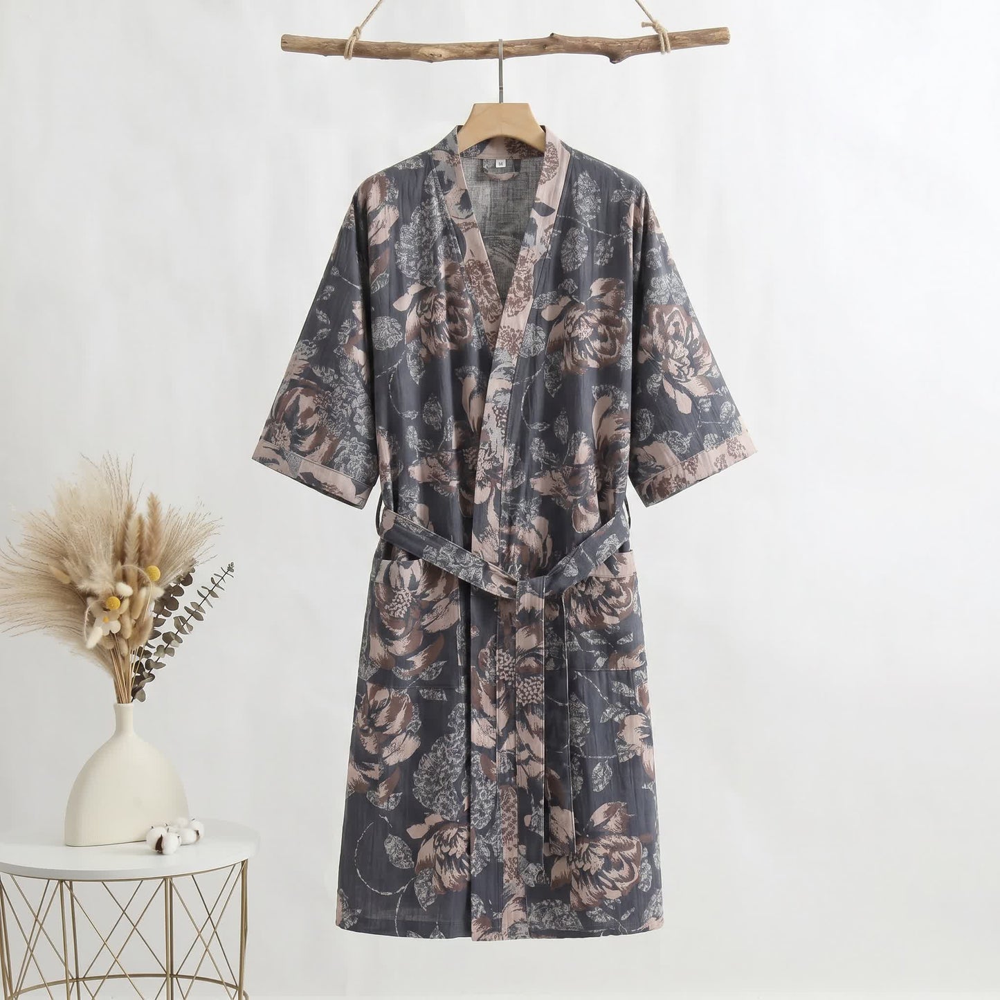 Kimono in garza floreale, accappatoio a maniche a tre quarti - Nero - XL - image 0
