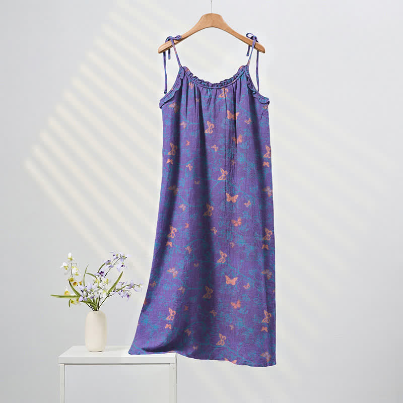 Abito lungo da casa con stampa a farfalle e laccetti - Viola e rosa - XL - image 0