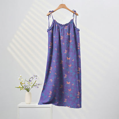 Abito lungo da casa con stampa a farfalle e laccetti - Viola e rosa - XL - image 0