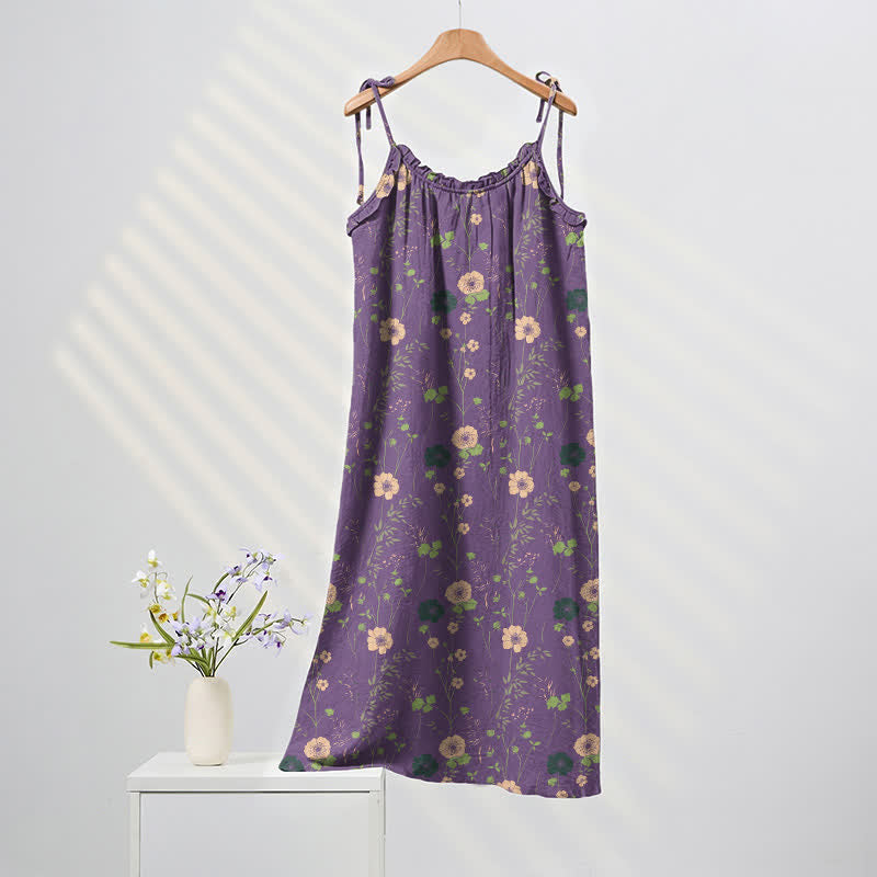 Abito lungo stile boho lounge con laccetti e stampa floreale. - Viola e verde - XL - image 0
