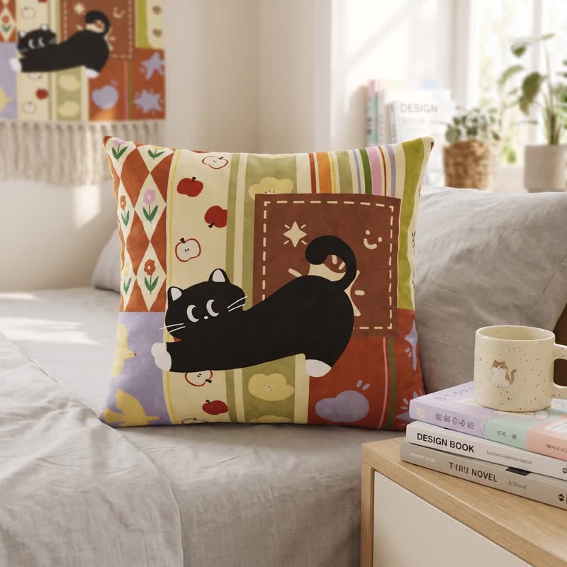 Cuscino decorativo patchwork con gatto nero stravagante - 50cm x 50cm × 50cm x 50cm - Copertina + inserto - image 0