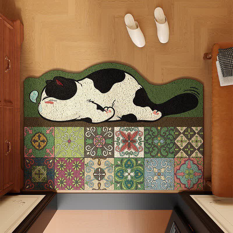 Tappeto d'ingresso con motivo a piastrelle smerlate e gatto addormentato - Verde oliva - 32" × 120cm - image 0