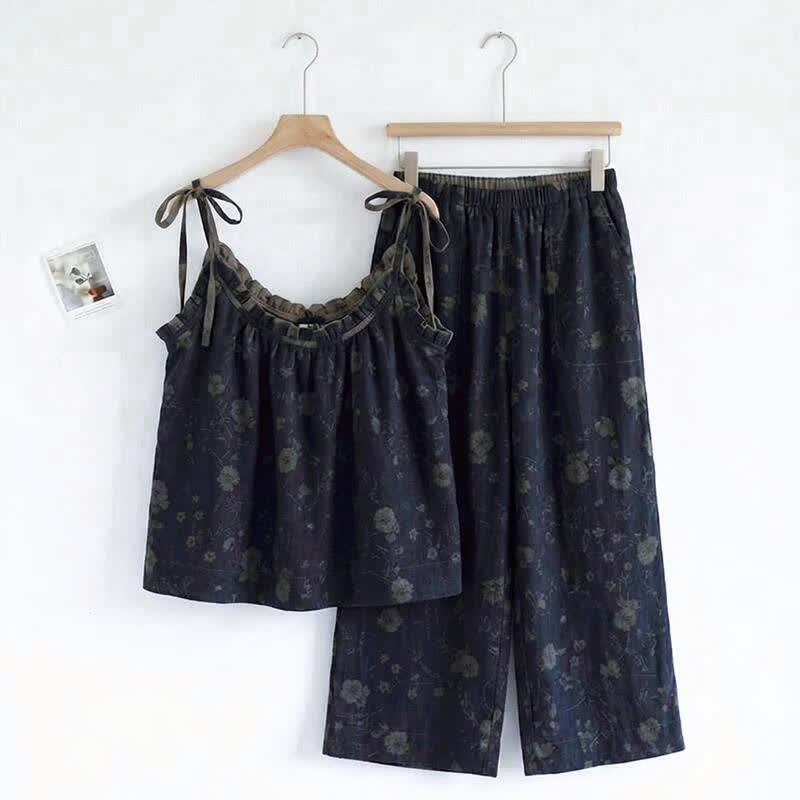Completo pigiama vintage con canotta e pantaloni a fantasia floreale. - Blu navy e grigio - XL - image 0