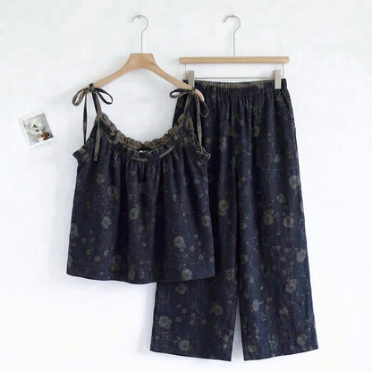 Completo pigiama vintage con canotta e pantaloni a fantasia floreale. - Blu navy e grigio - XL - image 0