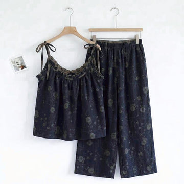 Completo pigiama vintage con canotta e pantaloni a fantasia floreale. - Blu navy e grigio - XL - image 0