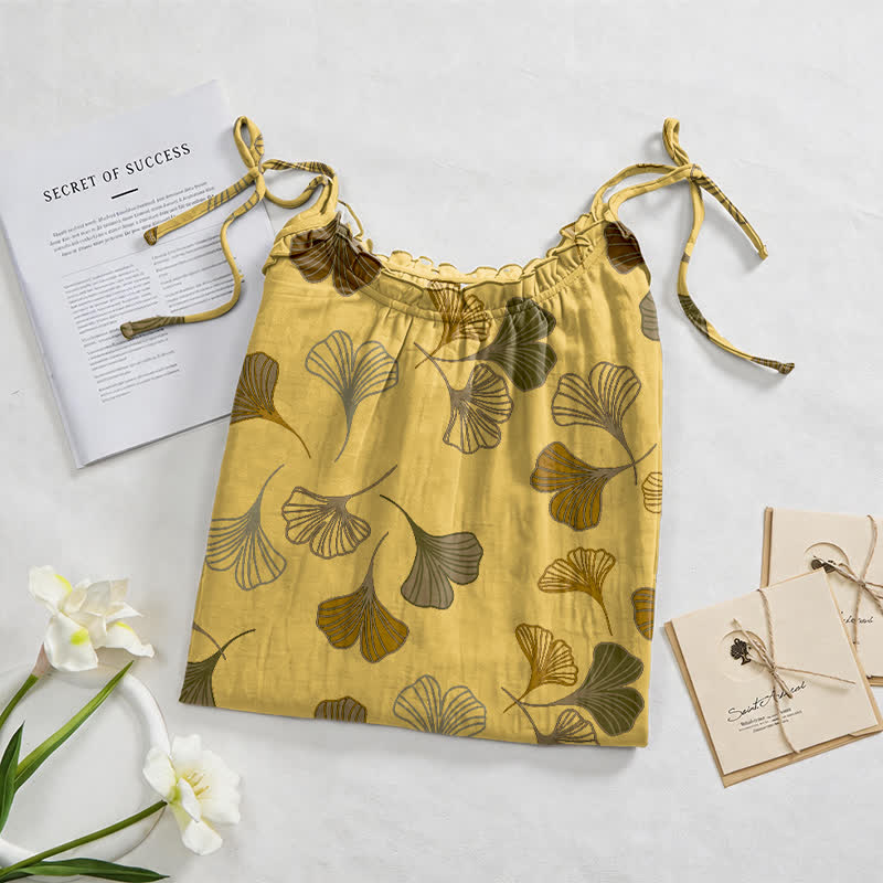 Abito midi da casa con laccetti e foglie di ginkgo - image 12