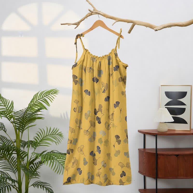 Abito midi da casa con laccetti e foglie di ginkgo - image 11