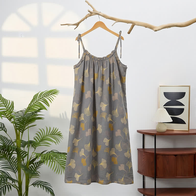 Abito midi da casa con laccetti e foglie di ginkgo - image 16
