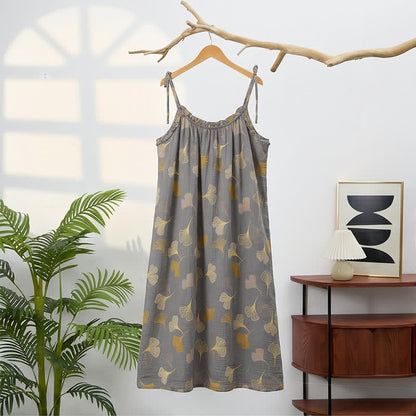 Abito midi da casa con laccetti e foglie di ginkgo - image 16
