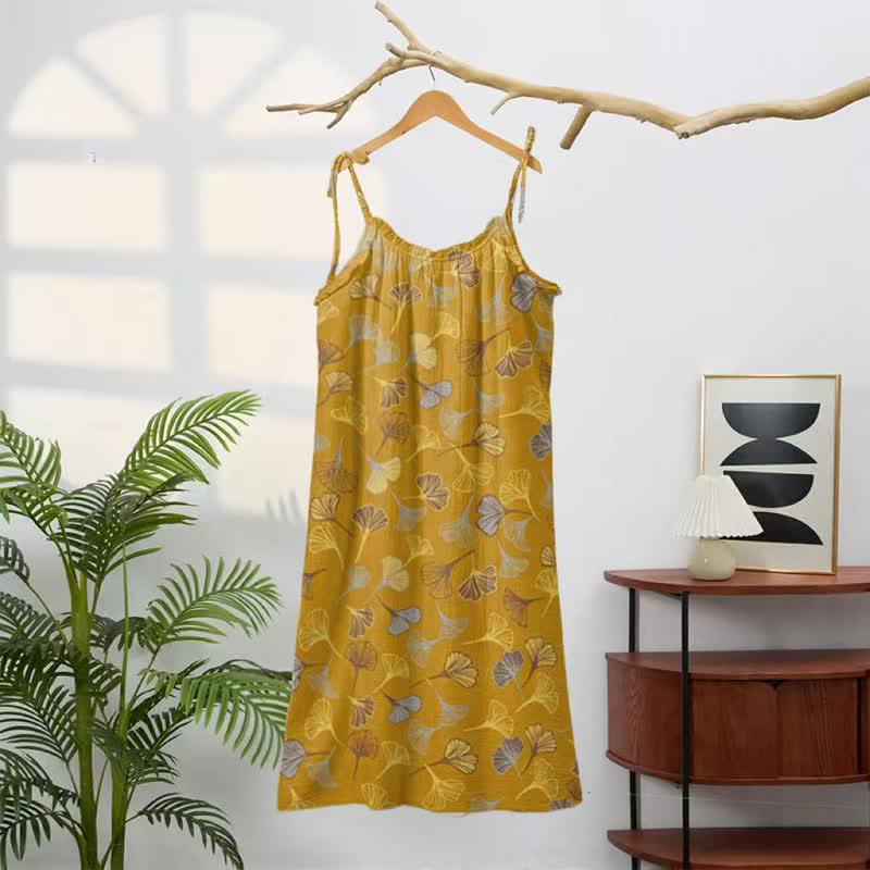 Abito midi da casa con laccetti e foglie di ginkgo - image 21