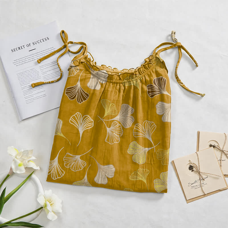 Abito midi da casa con laccetti e foglie di ginkgo - image 22