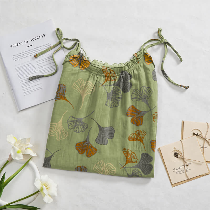 Abito midi da casa con laccetti e foglie di ginkgo - image 37