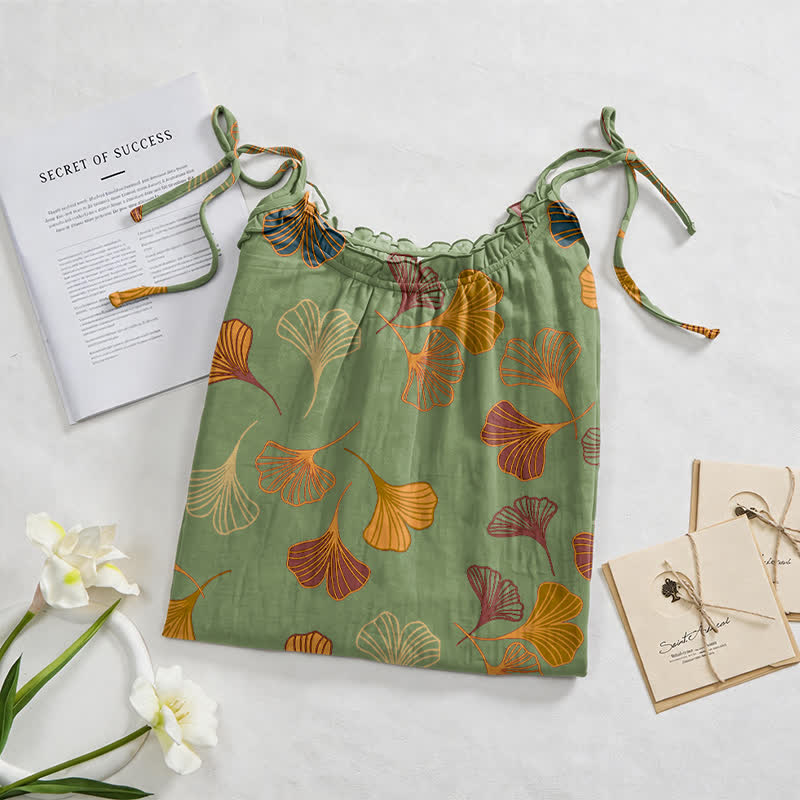Abito midi da casa con laccetti e foglie di ginkgo - image 42