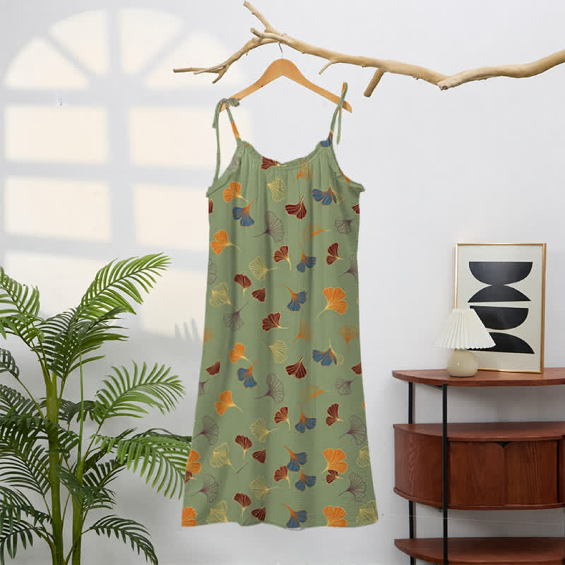 Abito midi da casa con laccetti e foglie di ginkgo - image 41