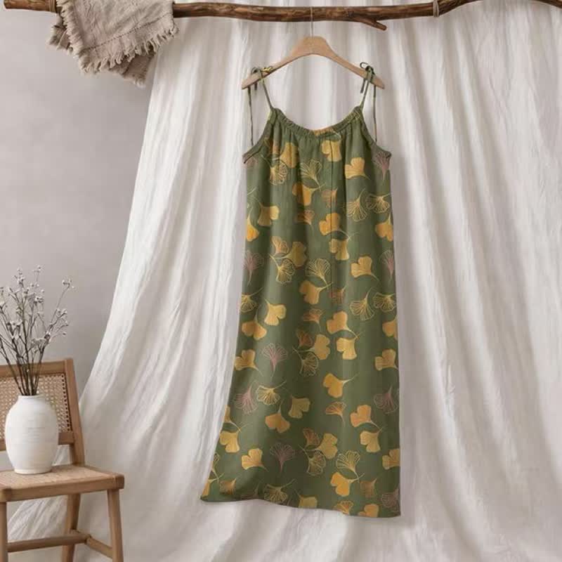 Abito midi da casa con laccetti e foglie di ginkgo - Verde e giallo - XL - image 45