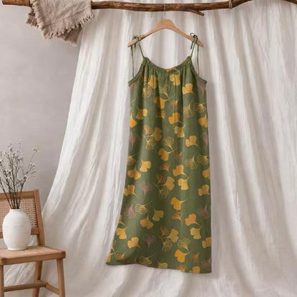 Abito midi da casa con laccetti e foglie di ginkgo - Verde e giallo - XL - image 45