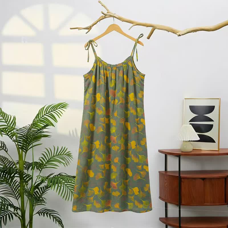 Abito midi da casa con laccetti e foglie di ginkgo - image 46
