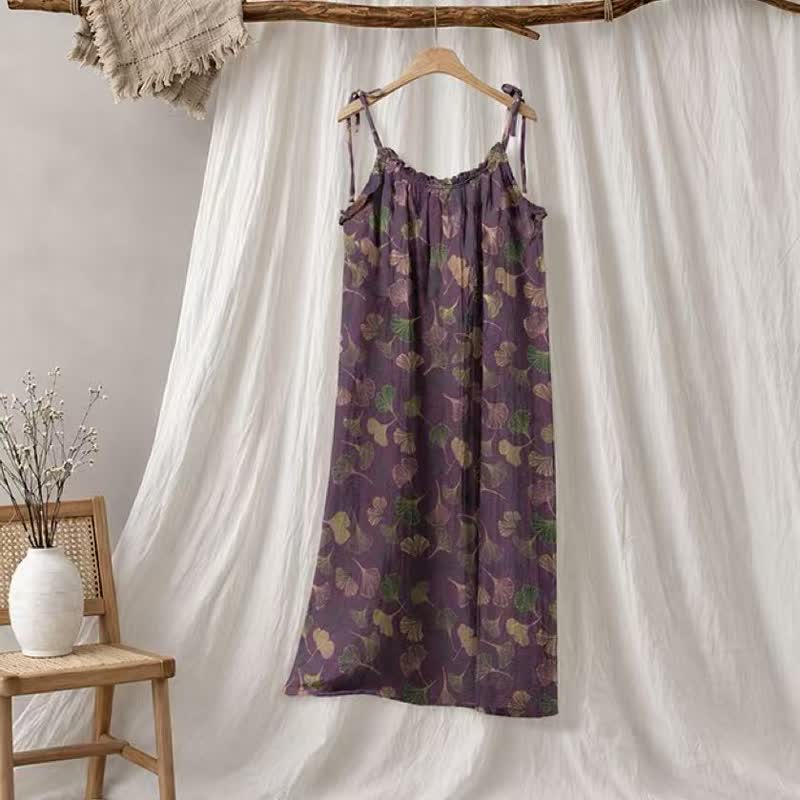 Abito midi da casa con laccetti e foglie di ginkgo - Viola e verde - XL - image 55