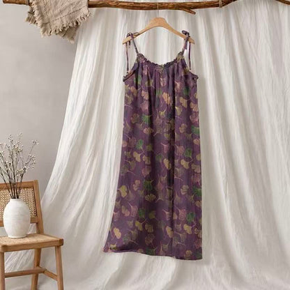 Abito midi da casa con laccetti e foglie di ginkgo - Viola e verde - XL - image 55