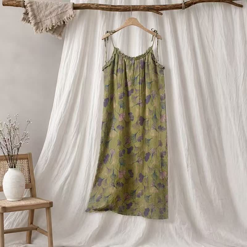 Abito midi da casa con laccetti e foglie di ginkgo - Verde e viola - XL - image 75