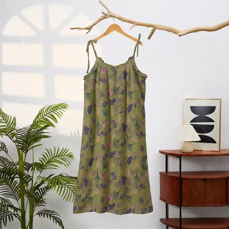 Abito midi da casa con laccetti e foglie di ginkgo - image 76