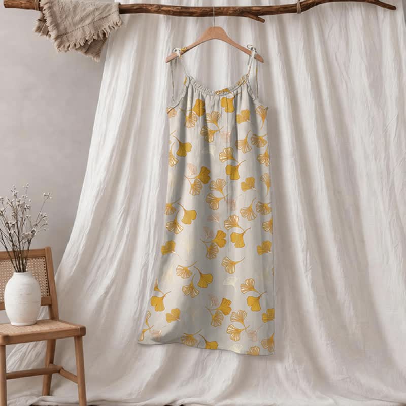 Abito midi da casa con laccetti e foglie di ginkgo - Grigio chiaro e arancione - XL - image 80