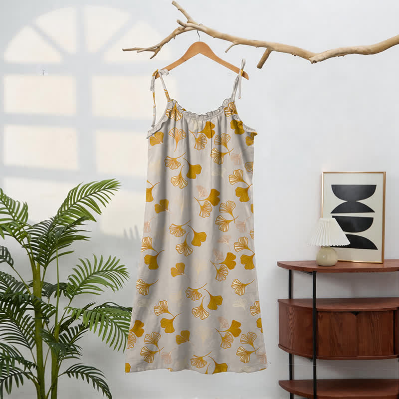 Abito midi da casa con laccetti e foglie di ginkgo - image 81