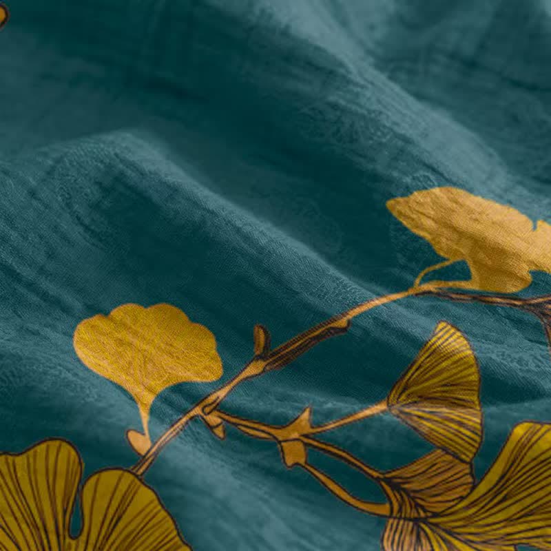 Abito lungo da casa con laccetti e motivo a foglie di ginkgo - image 9