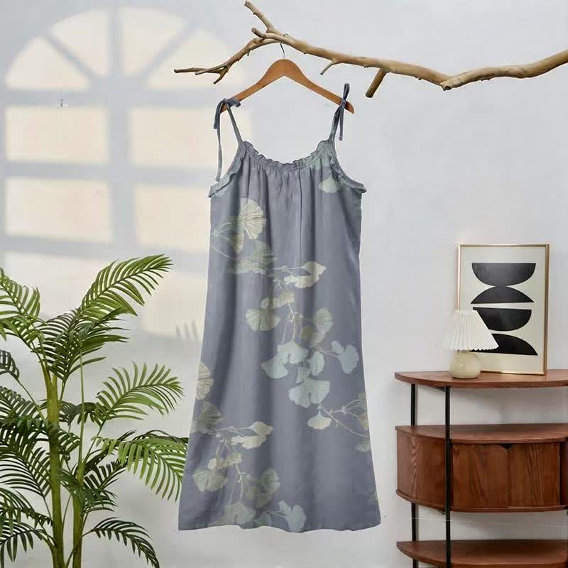 Abito midi da casa in cotone con laccetti e foglie di ginkgo - image 1