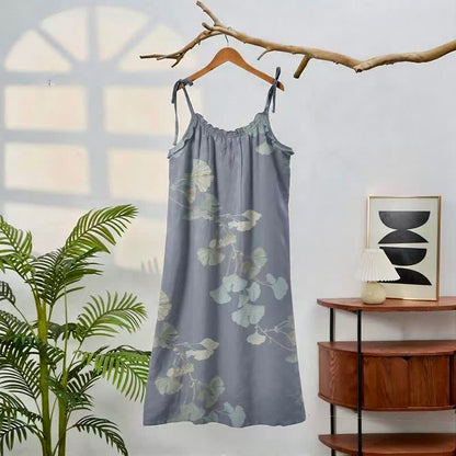 Abito midi da casa in cotone con laccetti e foglie di ginkgo - image 1
