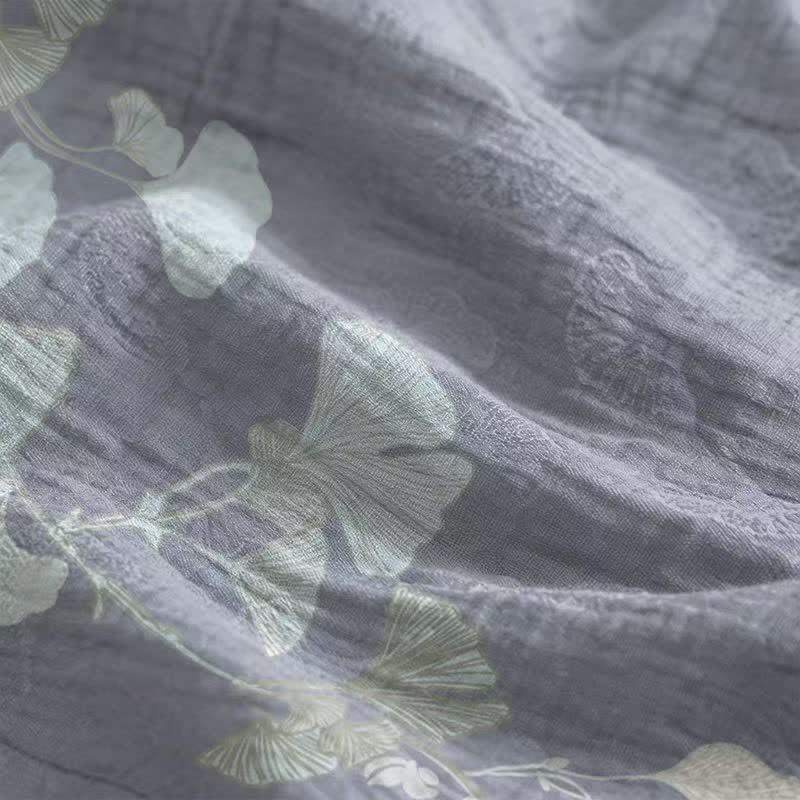 Abito midi da casa in cotone con laccetti e foglie di ginkgo - image 4