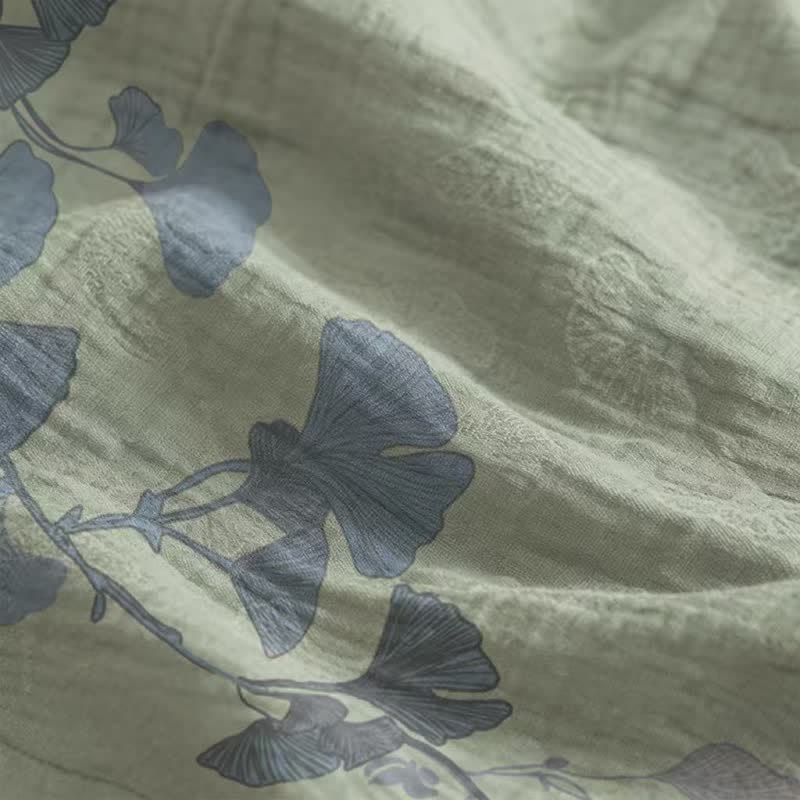 Abito midi da casa in cotone con laccetti e foglie di ginkgo - image 9