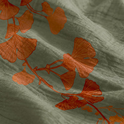 Abito midi da casa in cotone con laccetti e foglie di ginkgo - image 19