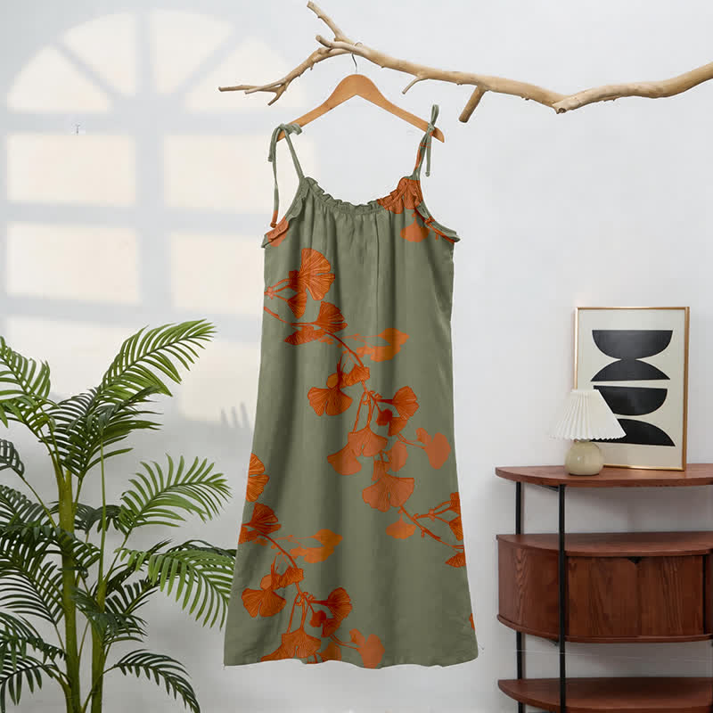 Abito midi da casa in cotone con laccetti e foglie di ginkgo - image 16