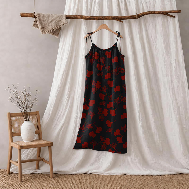 Abito midi da casa con laccetti e foglie di ginkgo - Nero e rosso - XL - image 65