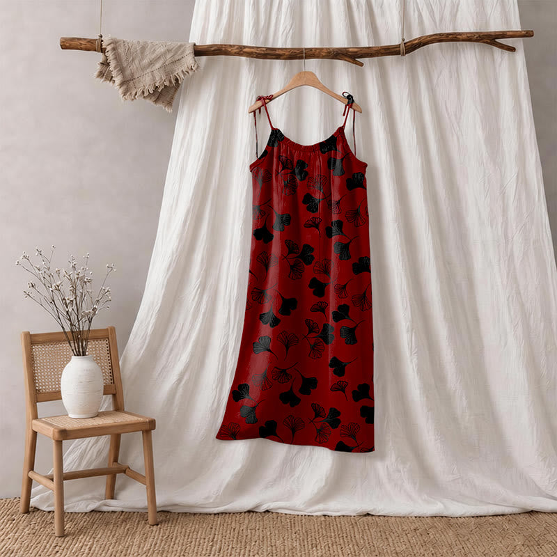 Abito midi da casa con laccetti e foglie di ginkgo - Rosso e nero - XL - image 50