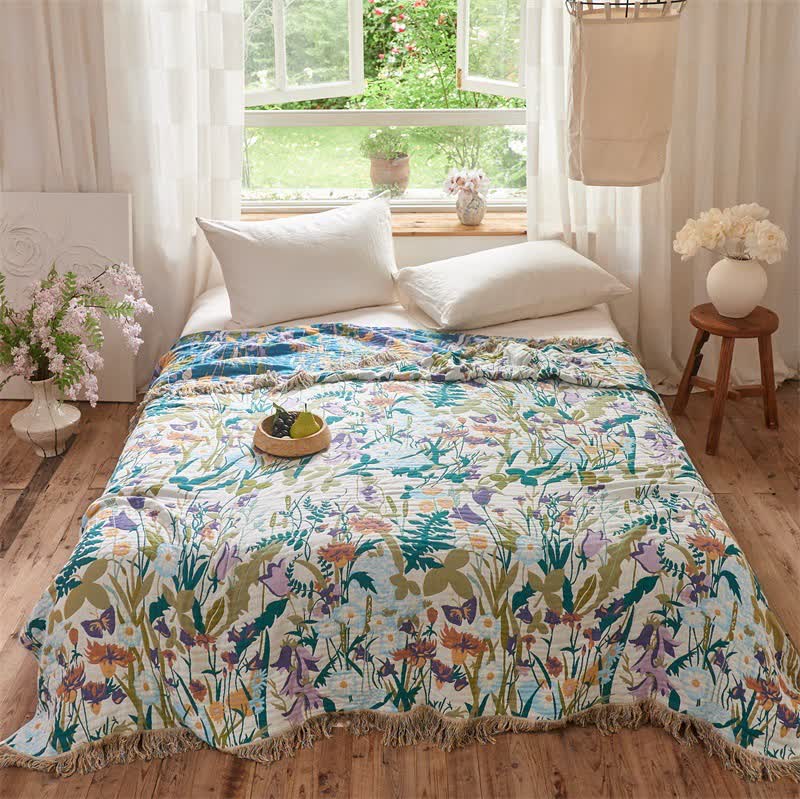 Coperta trapuntata reversibile in mussola con nappe botaniche - Matrimoniale Grande - image 2