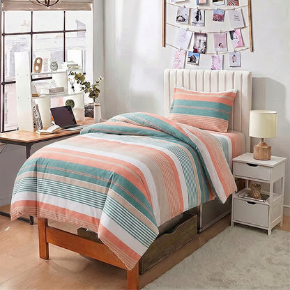 Set di biancheria da letto Singolo XL acqua corallo - Singolo XL - Strisce multicolore verdi e arancioni - Set copripiumino da 3 pezzi - image 0