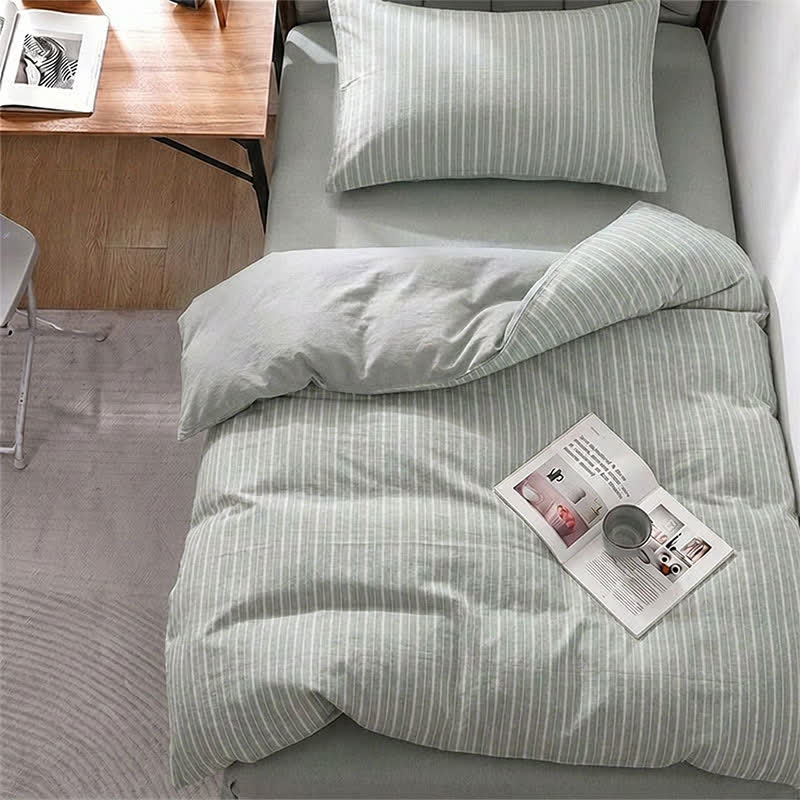 Set di biancheria da letto matrimoniale XL Singolo in cotone con motivo a righe nordiche - Singolo XL - Verde - Set copripiumino da 3 pezzi - image 12