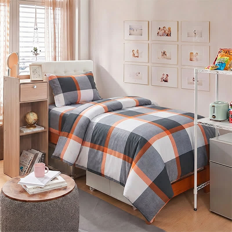 Set di biancheria da letto Singolo XL con fantasia a quadri grigi moderni - Singolo XL - Quadri grigi e arancioni - Set copripiumino da 3 pezzi - image 0