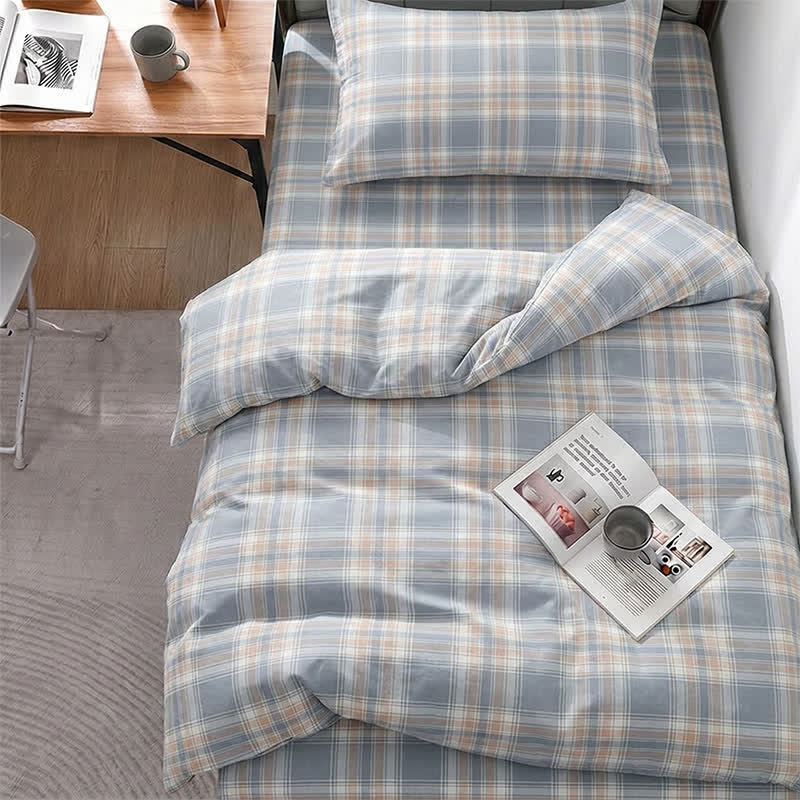 Set di biancheria da letto matrimoniale extra- Singolo in cotone a XL blu - Singolo XL - Quadri blu e arancioni - Set copripiumino da 3 pezzi - image 0