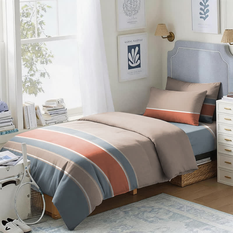 Set di biancheria da letto Singolo XL a righe nei toni della terra - Singolo XL - Striscia corallo e blu - Set copripiumino da 3 pezzi - image 0