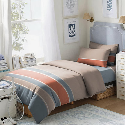Set di biancheria da letto Singolo XL a righe nei toni della terra - Singolo XL - Striscia corallo e blu - Set copripiumino da 3 pezzi - image 0