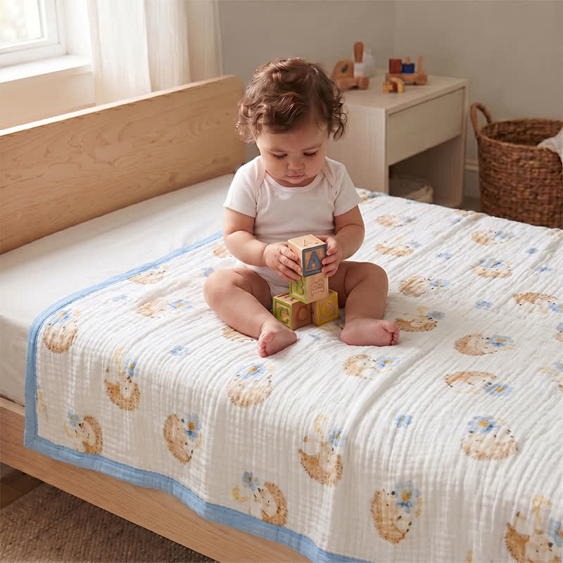 Coperta in garza di cotone con piccolo riccio - Bianco e blu - Matrimoniale - image 1