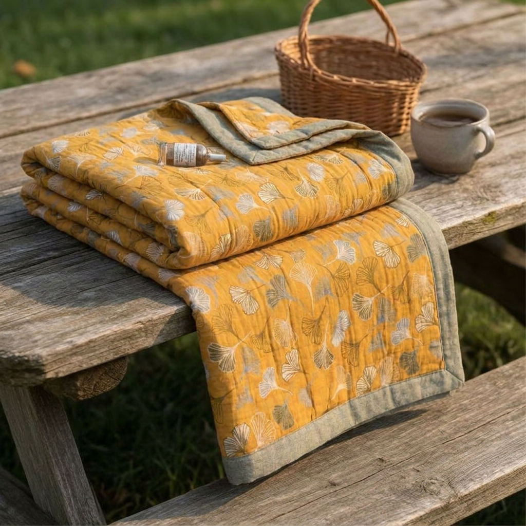 Coperta reversibile in cotone con motivo Ginkgo dorato - Arancia - 90" x 92" - image 0